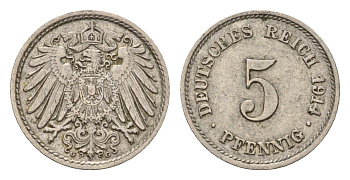 Германия 5 пфеннигов 1914 G, Вильгельм II (1888-1918) KM 11, J. 12 медно-никель 4636-324