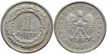 ПОЛЬША 1 ЗЛОТЫЙ 1991 MW KM 282 медно-никель 4383-1055