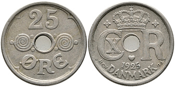 Дания 25 эре 1925 HCN; GJ, Кристиан X (1912-1947) KM 823.1 медно-никель 28-1112