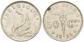 БЕЛЬГИЯ 50 САНТИМОВ 1929 BELGIQUE KM 87 никель 261-1631