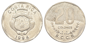 Коста-Рика 20 колонов 1994 год-тип KM 216.3 нержавеющая сталь 4661-1133