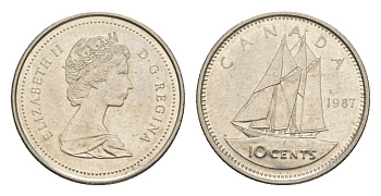 Канада 10 центов 1987 Елизавета II (1952-2022), парусник KM 77 никель UNC 4639-649