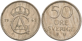 Швеция 50 эре 1962 U, Густав VI Адольф (1950-1973) KM 837 медно-никель 4364-4512