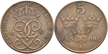 Швеция 5 эре 1941 Густав V (1907-1950) KM 779.2 бронза 115-911