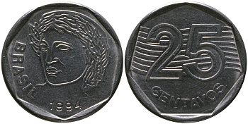 Бразилия 25 сентаво 1994 KM 634, Schon 143 нержавеющая сталь 4519-1151