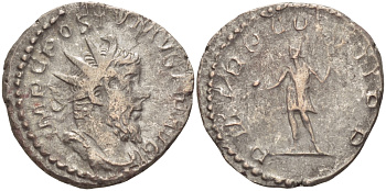 Римская Империя (императоры в Галлии) антониниан 261 Постум. IMP C POSTVMVS P F AVG / P M TR P COS II P P, император в военном доспехе, держит копье и сферу, Августа Треверов, Good Very fine RIC 54 биллон 1073-12-42