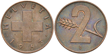 Швейцария 2 раппена 1963 В KM 47 бронза 4591-1252