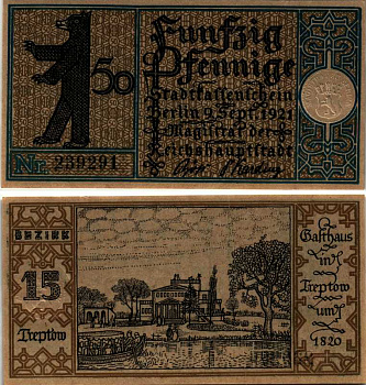 БЕРЛИН, ГЕРМАНИЯ 50 ПФЕННИГОВ 1921 НОТГЕЛЬД, ЗЕМЛЯ ПРУССИЯ, 2 СЕНТЯБРЯ 1921, BEZIRK 15 ARNOLD KELLER 92.1 бумага 7523-36-1-2