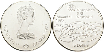 Канада 5 долларов 1975 XXI летние Олимпийские игры в Монреале 1976 года, плавание KM 100 серебро UNC 107-1031