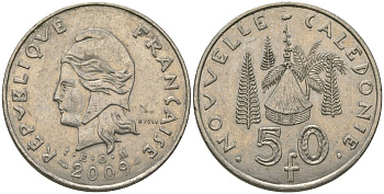 Французская Новая Каледония 50 франков 2009 хижина среди сосен и пальм, (IEOM) KM 13a, Schoen 15a, Lec 128i медно-никель 115-515