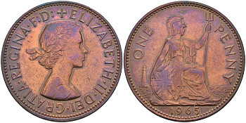 Великобритания 1 пенни 1965 Елизавета II (1952-2022) КМ 897, Spink 4157 бронза 4117-912