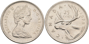 Канада 25 центов 1975 Елизавета II (1952-), олень KM 62b никель 4586-641