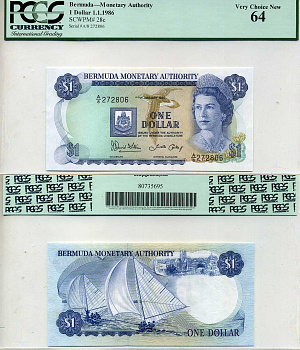 Бермудские острова 1 доллар 1986 в слабе PCGS 64 Very Choice New Pick 28 c бумага UNC (пресс) 452-1-114