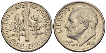 США 10 ЦЕНТОВ = 1 ДАЙМ 1988 P, РУЗВЕЛЬТ KM 195а медь плакированная медно-никелем 66-1122