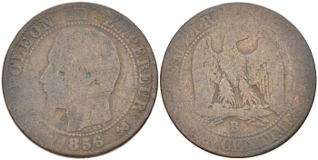 ФРАНЦИЯ 5 САНТИМОВ 1856 B, НАПОЛЕОН III (1852-1870) KM 777.2, LE FRANC 116.31 бронза 217-215