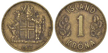 Исландия 1 крона 1957 KM 12a никель латунь 4606-434