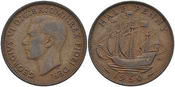 Великобритания 1/2 пенни 1951 Георг VI (1936-1952) KM 868, Spink 4118 бронза 4146-245