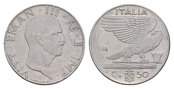 Италия 50 чентезимо 1941 IX год, Виктор Эммануил III (1900-1946) KM 76b нержавеющая сталь 4551-715