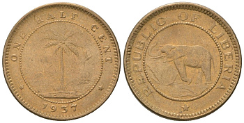 Либерия 1/2 цента 1937 KM 10 латунь aUNC 4588-959