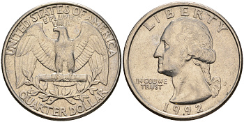 США 25 центов (квотер) 1992 P, Вашингтон KM А164а медь плакированная медно-никелем    4603-951