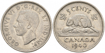 Канада 5 центов 1940 бобр, Георг VI (1937-1952) KM 33 никель 73-1153