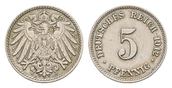 Германия 5 пфеннигов 1912 J, Вильгельм II (1888-1918) KM 11, J. 12 медно-никель 4640-144