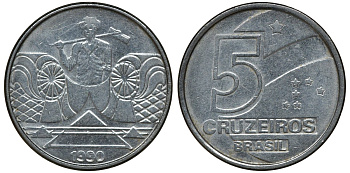 Бразилия 5 крузейро 1990 фермер KM 618.1 нержавеющая сталь aUNC 72-951