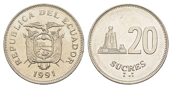 Эквадор 20 сукре 1991 KM 94.2 сталь плакированная никелем UNC 4641-723