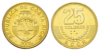 Коста-Рика 25 колонов 2007  KM 229c сталь плакированная латунью UNC M84-10
