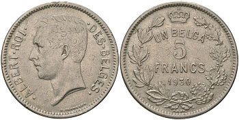 Бельгия 5 франков 1930 Belges, Альберт I (1909-1934) KM 97 никель 4157-1115