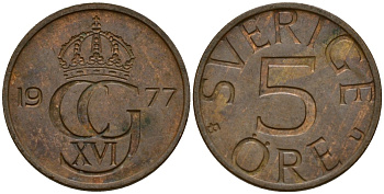 Швеция 5 эре 1977 U, Карл XVI Густав (1973- ) KM 849 бронза 4154-947