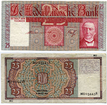 Нидерланды 25 гульденов 1941 Виллем Корнелис Меес Pick 50 (2) бумага 451-163-1