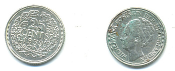 Нидерланды 25 центов 1939 Вильгельмина (1890-1948) KM 164 серебро 84-952
