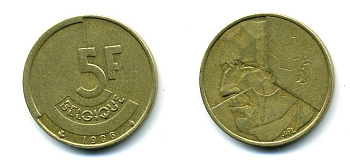 БЕЛЬГИЯ 5 ФРАНКОВ 1986 BELGIQUE KM 163 латунь или алюминевая бронза 25-1535