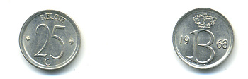 Бельгия 25 сантимов 1968 Belgie, Бодуэн I (1951-1993) KM 154.1 медно-никель UNC 83-341