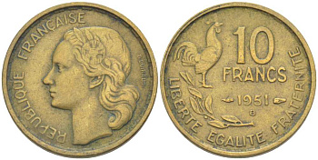 Франция 10 франков 1951 B, петух KM 915.2, Le Franc 363.5 алюминиевая бронза 175-634
