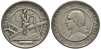 Сан-Марино 5 лир 1937 KM 9 серебро 27-955