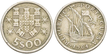 ПОРТУГАЛИЯ 5 ЭСКУДО 1964 ПАРУСНИК KM 591 медно-никель 4513-1036