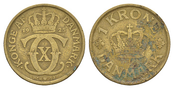 Дания 1 крона 1925 HCN, Кристиан X (1912-1947) KM 824 алюминиевая бронза 4657-333