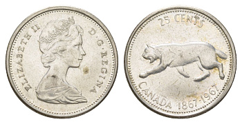 Канада 25 центов 1967 пума, 100 лет Конфедерации Канада, Ссеребро 0.800, вес 5,83 гр, диаметр 23,88 мм KM 67 серебро 4622-921
