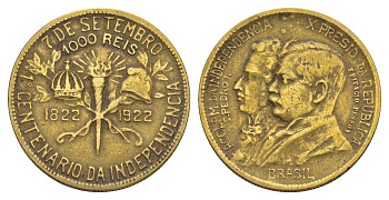 Бразилия 1000 реалов (рейсов) 1922 100 лет независимости Бразилии KM 522.1 алюминиевая бронза 4657-515