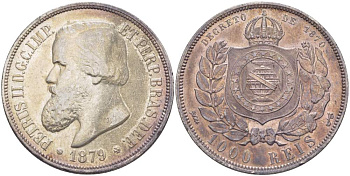 Бразилия 1000 рейс 1879 Педро II (1831-1889) KM 481 серебро 00-00