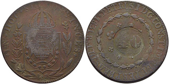 Бразилия 40 рейс 1835 провинция ICO, надчеканка на 80 рейсах 1831R Педро I KM 444.1 медь    4527-1024