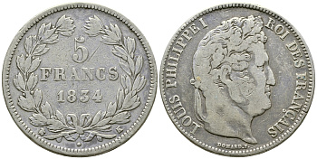 Франция 5 франков 1834 K, Луи Филипп I (1830-1848) KM 749.7 серебро 1066-6-24