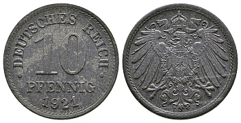 ГЕРМАНИЯ 10 ПФЕННИГОВ 1921 KM 26, J. 299 цинк 4380-247