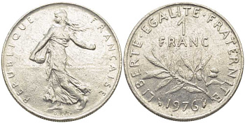 ФРАНЦИЯ 1 ФРАНК 1976 СЕЯТЕЛЬ KM 925.1, LE FRANC 226.21 никель 175-535