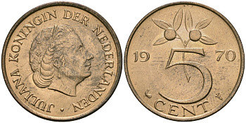 Нидерланды 5 центов 1970 Юлиана (1948-1980) KM 181 бронза 4579-625