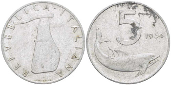 ИТАЛИЯ 5 ЛИР 1954 R, РУЛЬ, ДЕЛЬФИН KM 92 алюминий 175-114