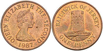 Джерси 1 пенни 1987 Елизавета II (1952-2022), башня Святого Клемента KM 54 бронза UNC 4582-212