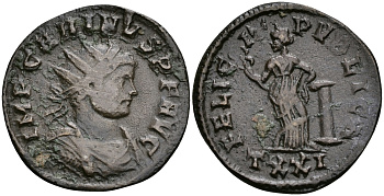 Римская Империя аврелианиан 283 Карин FELICIT PVBLIC Фелицитата, персонификация Счастья Тицин Good Very fine RIC 295 бронза 270-914